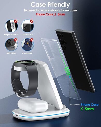 شاحن لاسلكي 3 في 1، محطة شحن سريعة قابلة للطي متوافقة مع Samsung Galaxy Watch 6 classic/6/5 Pro/5/4/3، S23 S23+ S22 S22+ S21 S20 Ultra FE/Note 20 10 9/ Z Flip Fold 4 3 2، براعم/2/برو/لايف in Kuwait