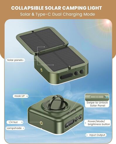 Camping Lantern, Collapsible Solar LED Lamp, 5200mAh Solar/USB Charging, 1000LM, 5 Light Modes, IPX4 Waterproof, Portable Emergency Light （Black） in Saudi Arabia