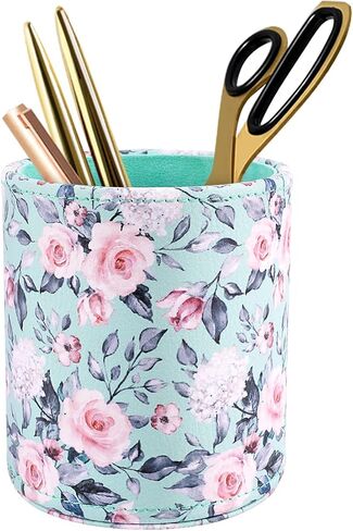 WAVEYU Pen Holder for Desk, Pencil Cup Pink Glitter Bling for Women Girls, Luxury Makeup Brush Holder Large Pu Leather Multi-Functional Organizer Cup for Office, Classroom, Home, Rose Gold in Saudi Arabia