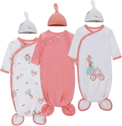 مجموعة فساتين معقودة للأطفال حديثي الولادة مع قبعة مكونة من 3 قطع ملابس للرضع مجموعة ملابس منزلية in Kuwait