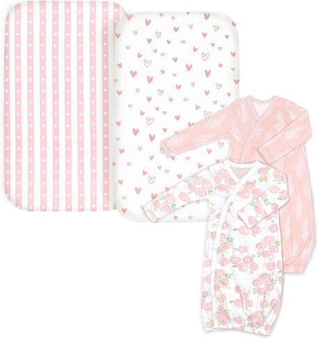 Bundle of 2 Organic Cotton Bedside Sleeper Sheets and 2 Kimono Gowns Size 0-6 Mo in Rose,Heart Stripe and Feather Patterns Pink for Girl. an Ideal Newborn Gift. in Kuwait