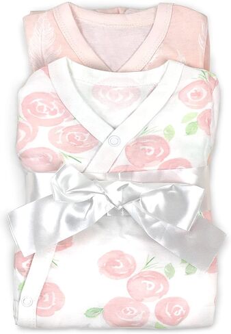 Bundle of 2 Organic Cotton Bedside Sleeper Sheets and 2 Kimono Gowns Size 0-6 Mo in Rose,Heart Stripe and Feather Patterns Pink for Girl. an Ideal Newborn Gift. in Kuwait