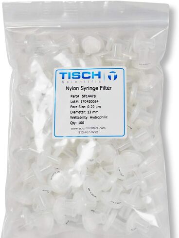 مرشح حقنة نايلون SF14478 من Tisch، 0.22um، 13 مم، 1/pk/100 لكل عبوة | قابلية التبلل: محبة للماء | الحد الأقصى لدرجة حرارة التشغيل: 100 درجة مئوية | ضغط الانفجار (رطل لكل بوصة مربعة): 87 | in Kuwait