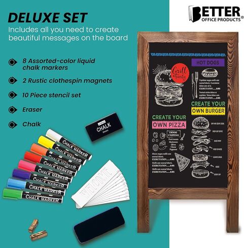 علامة سبورة مغناطيسية بإطار A من Better Office Products، كبيرة جدًا مقاس 20 بوصة × 40 بوصة، حامل سبورة واقفة، مجموعة فاخرة مع ملحقات متعددة، لافتة لوحة ساندويتش على الرصيف الخارجي، (بني ريفي) in Kuwait