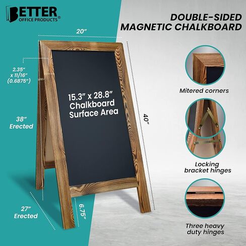 علامة سبورة مغناطيسية بإطار A من Better Office Products، كبيرة جدًا مقاس 20 بوصة × 40 بوصة، حامل سبورة واقفة، مجموعة فاخرة مع ملحقات متعددة، لافتة لوحة ساندويتش على الرصيف الخارجي، (بني ريفي) in Kuwait