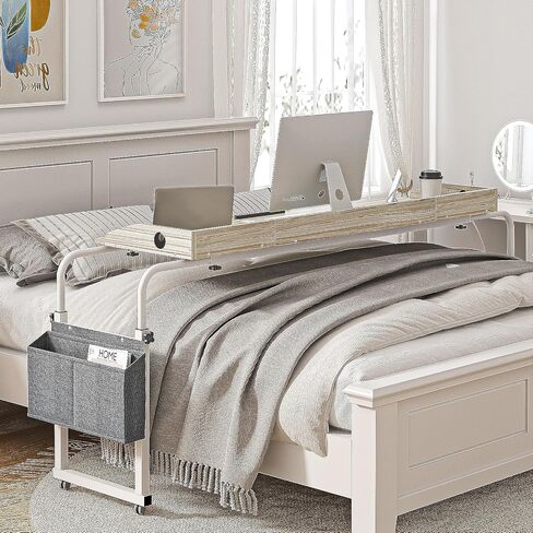 sogesfurniture فوق طاولة السرير بعجلات، طاولة فوق السرير قابلة للتعديل بارتفاع 60 بوصة مع سطح طاولة قابل للإمالة وحقيبة تخزين جانبية، طاولة مستشفى متنقلة فوق السرير للاستخدام المنزلي، خشب القيقب in Kuwait