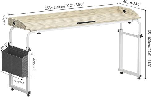 sogesfurniture فوق طاولة السرير بعجلات، طاولة فوق السرير قابلة للتعديل بارتفاع 60 بوصة مع سطح طاولة قابل للإمالة وحقيبة تخزين جانبية، طاولة مستشفى متنقلة فوق السرير للاستخدام المنزلي، خشب القيقب in Kuwait