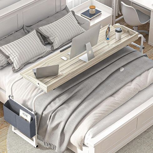 sogesfurniture فوق طاولة السرير بعجلات، طاولة فوق السرير قابلة للتعديل بارتفاع 60 بوصة مع سطح طاولة قابل للإمالة وحقيبة تخزين جانبية، طاولة مستشفى متنقلة فوق السرير للاستخدام المنزلي، خشب القيقب in Kuwait