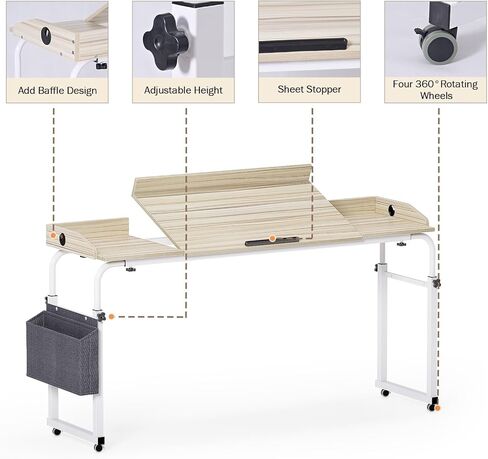 sogesfurniture فوق طاولة السرير بعجلات، طاولة فوق السرير قابلة للتعديل بارتفاع 60 بوصة مع سطح طاولة قابل للإمالة وحقيبة تخزين جانبية، طاولة مستشفى متنقلة فوق السرير للاستخدام المنزلي، خشب القيقب in Kuwait