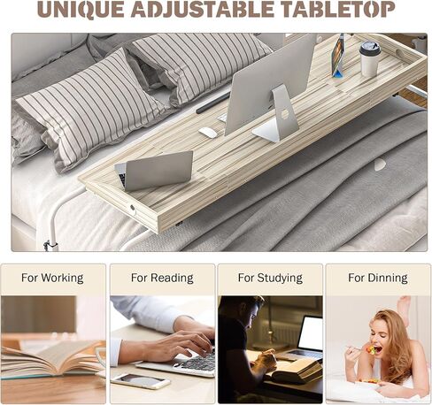 sogesfurniture فوق طاولة السرير بعجلات، طاولة فوق السرير قابلة للتعديل بارتفاع 60 بوصة مع سطح طاولة قابل للإمالة وحقيبة تخزين جانبية، طاولة مستشفى متنقلة فوق السرير للاستخدام المنزلي، خشب القيقب in Kuwait