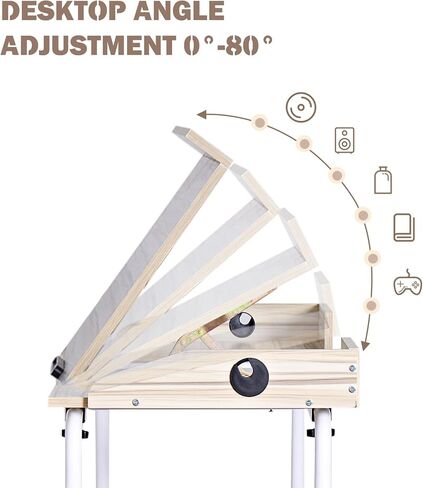 sogesfurniture فوق طاولة السرير بعجلات، طاولة فوق السرير قابلة للتعديل بارتفاع 60 بوصة مع سطح طاولة قابل للإمالة وحقيبة تخزين جانبية، طاولة مستشفى متنقلة فوق السرير للاستخدام المنزلي، خشب القيقب in Kuwait