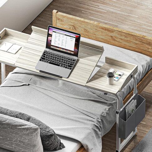 sogesfurniture فوق طاولة السرير بعجلات، طاولة فوق السرير قابلة للتعديل بارتفاع 60 بوصة مع سطح طاولة قابل للإمالة وحقيبة تخزين جانبية، طاولة مستشفى متنقلة فوق السرير للاستخدام المنزلي، خشب القيقب in Kuwait