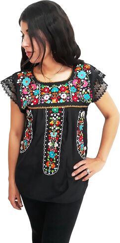 Mexican Blouse Handmade Embroidered With Flowers Pattern And Lace Sleeves (L) in Saudi Arabia