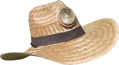 الرجال - قبعة من القش للرجال باللون البني مع شريط بني عريض - قبعة شمسية مع لوحة شمسية ومروحة مدمجة (كبيرة جدًا) in Kuwait