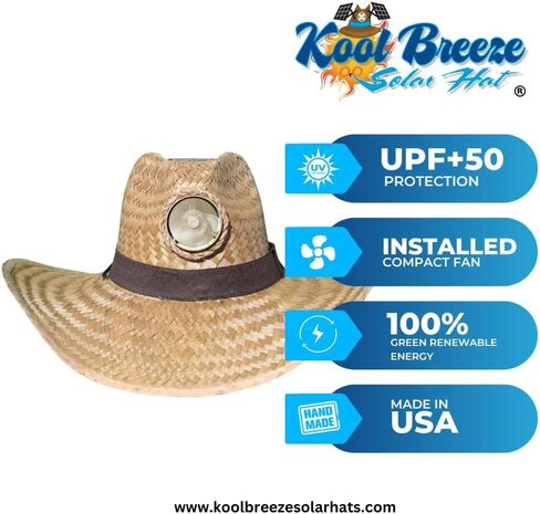 الرجال - قبعة من القش للرجال باللون البني مع شريط بني عريض - قبعة شمسية مع لوحة شمسية ومروحة مدمجة (كبيرة جدًا) in Kuwait