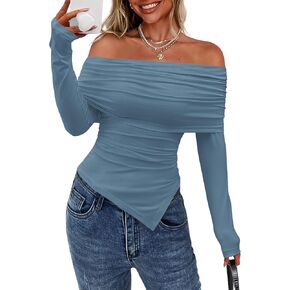 PRETTYGARDEN Off The Shoulder Tops for Women Fall Fashion 2025 Long Sleeve Shirts Going Out Slim Fitted Blouses Y2K Clothes in Kuwait