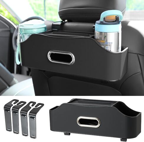 Car Rear Backseat Extra Multifunctional Drink Cup Holder with Tissue Storage Box Organizer & Hooks for Auto Seat Back - Travel Accessories. Black in Kuwait