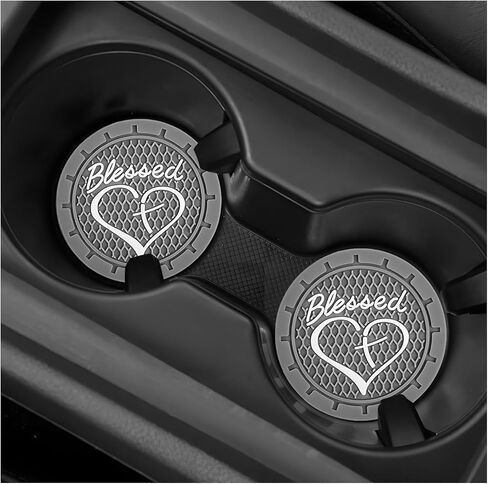2 PCS Car Cup Holder Coaster, 2.76 Inch Soft PVC Non-Slip Blessed Cross and Heart Christian Car Cup Coasters, Auto Interior Shockproof Insert Drink Mat for Most Vehicles (Black) in Kuwait