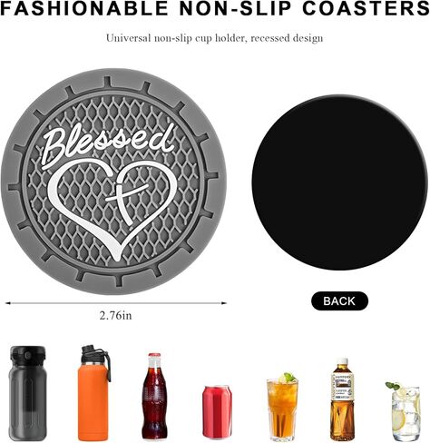2 PCS Car Cup Holder Coaster, 2.76 Inch Soft PVC Non-Slip Blessed Cross and Heart Christian Car Cup Coasters, Auto Interior Shockproof Insert Drink Mat for Most Vehicles (Black) in Kuwait