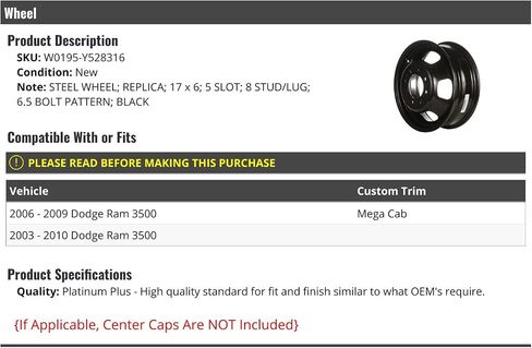 Steel Wheel - Black - 17 x 6 Inch - 5 Slot - 8 Lug - 6.5 Bolt Pattern - Compatible with 2003-2010 Dodge Ram 3500 in Saudi Arabia