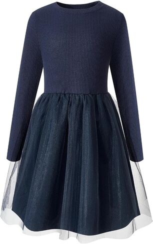 Little Bitty Girls Tutu Dress Long Sleeve Tulle Dresses Kids Midi Casual Outfits Princess Birthday Party Clothes 4-13 Years in Saudi Arabia