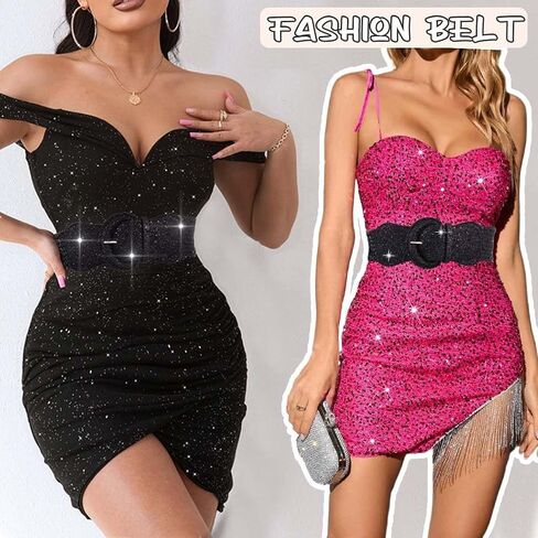 Women Wide Elastic Waist Belt for Dresses Glitter Sequins Wide Belt Gold Strethy Cinch Waistband for Ladies in Kuwait
