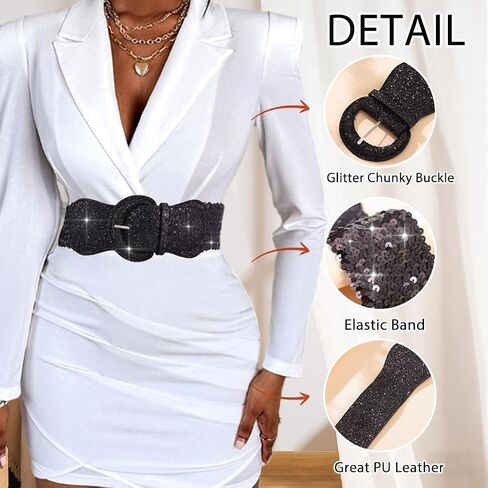 Women Wide Elastic Waist Belt for Dresses Glitter Sequins Wide Belt Gold Strethy Cinch Waistband for Ladies in Kuwait