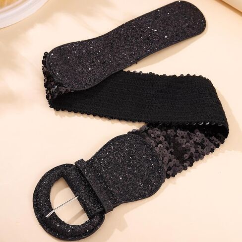 Women Wide Elastic Waist Belt for Dresses Glitter Sequins Wide Belt Gold Strethy Cinch Waistband for Ladies in Kuwait