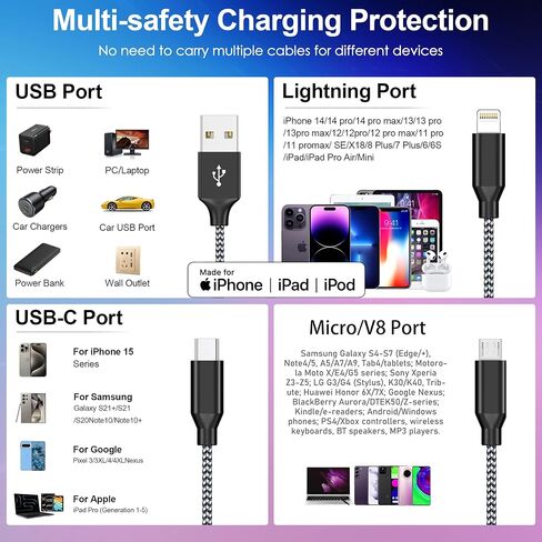 iPhone Charger Cable Apple MFi Certified Nylon 6FT Lightning Cord Fast Charging Wire for iPhone 14 13 12 11 Pro Max XR XS X 8 7 6 Plus SE iPad and More (4 Pack) in Saudi Arabia