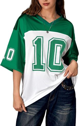 Verdusa Women's Oversized Jersey Shirt Graphic Tees V Neck Short Sleeve Vintage T Shirts in Saudi Arabia