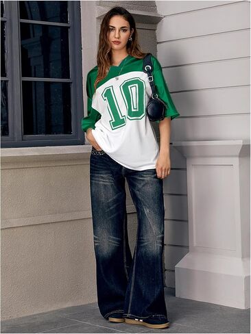 Verdusa Women's Oversized Jersey Shirt Graphic Tees V Neck Short Sleeve Vintage T Shirts in Saudi Arabia