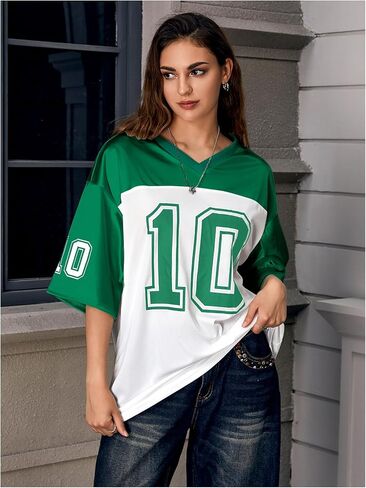 Verdusa Women's Oversized Jersey Shirt Graphic Tees V Neck Short Sleeve Vintage T Shirts in Saudi Arabia