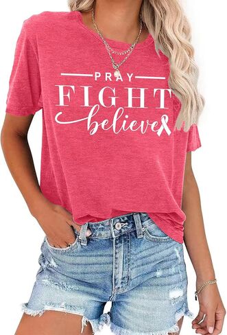 Breast Cancer Shirts for Women: Pink Ribbon T Shirt Cancer Fight Tops Inspirational Short Sleeve Tees in Saudi Arabia