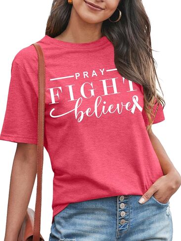 Breast Cancer Shirts for Women: Pink Ribbon T Shirt Cancer Fight Tops Inspirational Short Sleeve Tees in Saudi Arabia