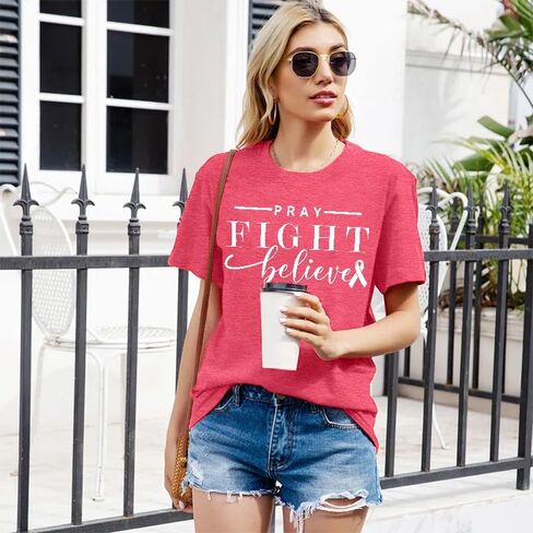 Breast Cancer Shirts for Women: Pink Ribbon T Shirt Cancer Fight Tops Inspirational Short Sleeve Tees in Saudi Arabia