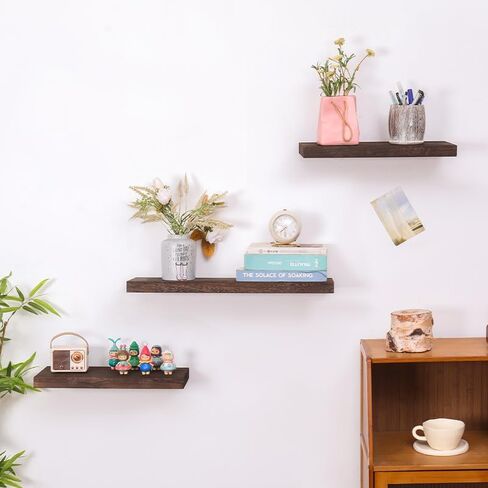 Rustic Floating Wall Shelf, Wooden Storage Display Shelf with Hidden Bracket Mount, Brown in Saudi Arabia
