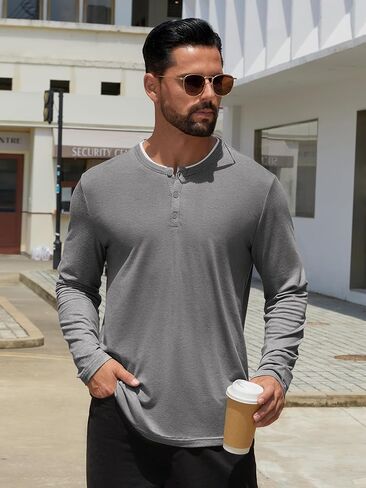 Hardaddy Men's Long Sleeve Henley Shirts Casual Color Block Henley Button T-Shirt Tops in Saudi Arabia