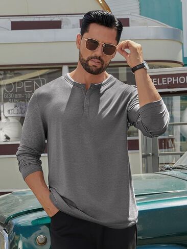 Hardaddy Men's Long Sleeve Henley Shirts Casual Color Block Henley Button T-Shirt Tops in Saudi Arabia