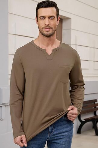 Men's Casual Cotton V Neck Long Sleeve T-Shirts Solid Fall Pullover Basic Tee Tops with Pocket with Pocket in Saudi Arabia