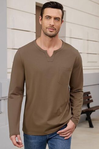 Men's Casual Cotton V Neck Long Sleeve T-Shirts Solid Fall Pullover Basic Tee Tops with Pocket with Pocket in Saudi Arabia