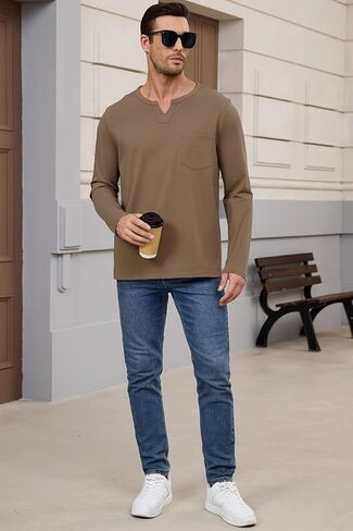 Men's Casual Cotton V Neck Long Sleeve T-Shirts Solid Fall Pullover Basic Tee Tops with Pocket with Pocket in Saudi Arabia