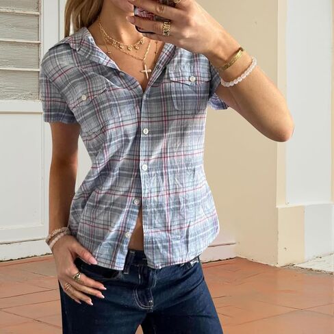 Gingham Top Women Teen Girl Y2k Button Down Short Sleeve Collared Up Shirt Vintage Coquette Preppy Going Out Blouse in Saudi Arabia