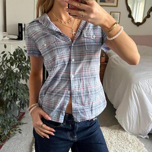 Gingham Top Women Teen Girl Y2k Button Down Short Sleeve Collared Up Shirt Vintage Coquette Preppy Going Out Blouse in Saudi Arabia