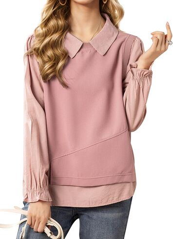 LAI MENG FIVE CATS Women's Collared Patchwork Stirpe Tops Casual Long Sleeve Pullover Blouse in Saudi Arabia