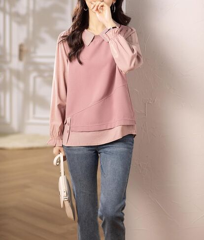 LAI MENG FIVE CATS Women's Collared Patchwork Stirpe Tops Casual Long Sleeve Pullover Blouse in Saudi Arabia