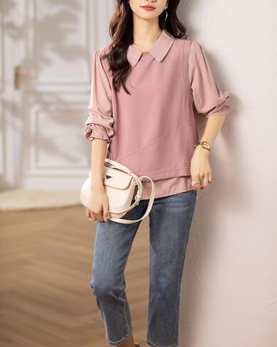 LAI MENG FIVE CATS Women's Collared Patchwork Stirpe Tops Casual Long Sleeve Pullover Blouse in Saudi Arabia