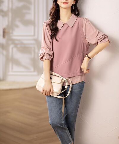 LAI MENG FIVE CATS Women's Collared Patchwork Stirpe Tops Casual Long Sleeve Pullover Blouse in Saudi Arabia