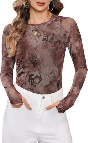 Totatuit قمصان أساسية نسائية بأكمام طويلة شبكية مزهّرة بياقة دائرية وبطانة مزدوجة مع فتحات للإبهام قطع علوية للخروج in Kuwait