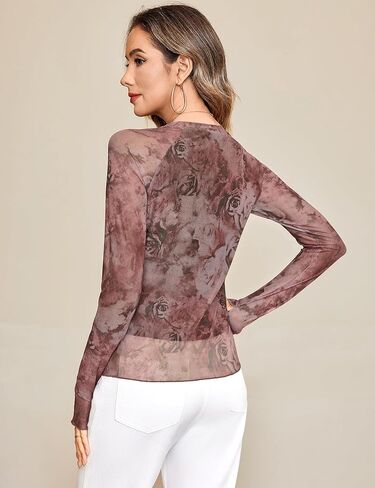 Totatuit قمصان أساسية نسائية بأكمام طويلة شبكية مزهّرة بياقة دائرية وبطانة مزدوجة مع فتحات للإبهام قطع علوية للخروج in Kuwait