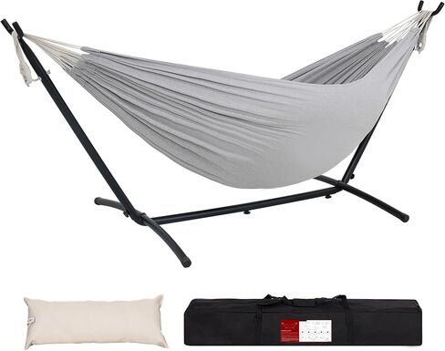 أرجوحة Lazy Daze Hammocks المزدوجة مع حامل فولاذي موفر للمساحة بطول 9 أقدام يتضمن حقيبة حمل محمولة بسعة 450 رطلًا (رمادي فاتح) in Kuwait